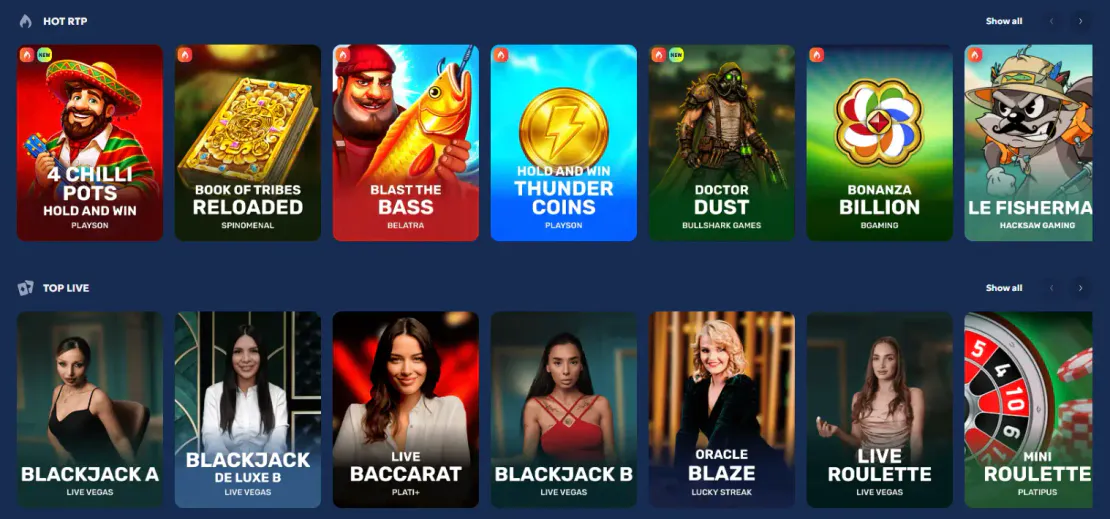 Galleon Casino game lobby featuring Hot RTP slots and live blackjack, baccarat and roulette